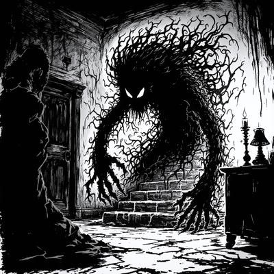 The primary subject of the image is a large, dark, and spooky monster or creature, possibly a demon or a goblin, with long, twisted, and gnarled features. It is standing in a dark room, possibly a dungeon or a haunted house, with a door nearby. The setting appears to be a nighttime scene with a sense of mystery and danger. The visual style of the image is a black and white drawing or illustration, which adds to the eerie and mysterious atmosphere.